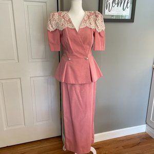Vtg 80s Watters & Watters Pink Lace Formal 2 Pc Short Sleeve Maxi Dress USA Sz 8